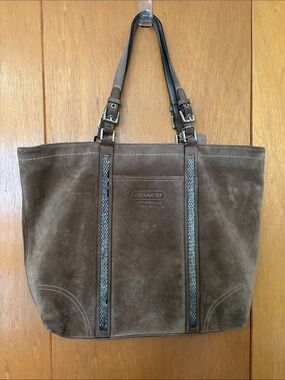 Coach Brown Suede Messenger Tote with Leather Straps